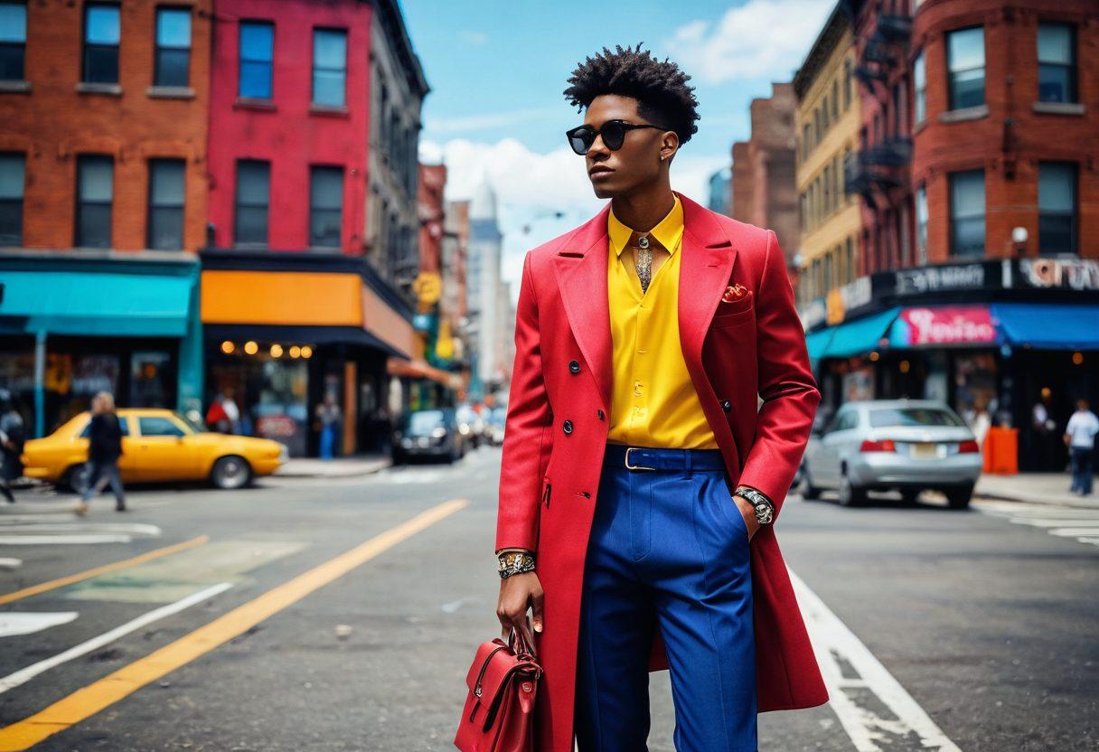 A stylish individual standing confidently amidst a vibrant city backdrop, showcasing a unique mix of modern and vintage fashion. Incorporate diverse clothing styles, accessories, and bold colors that embody personal expression. Include elements like street art and trendy cafés to accentuate the urban vibe. The scene should evoke inspiration and creativity in style enhancement. super-realistic. vibrant colors. urban setting.