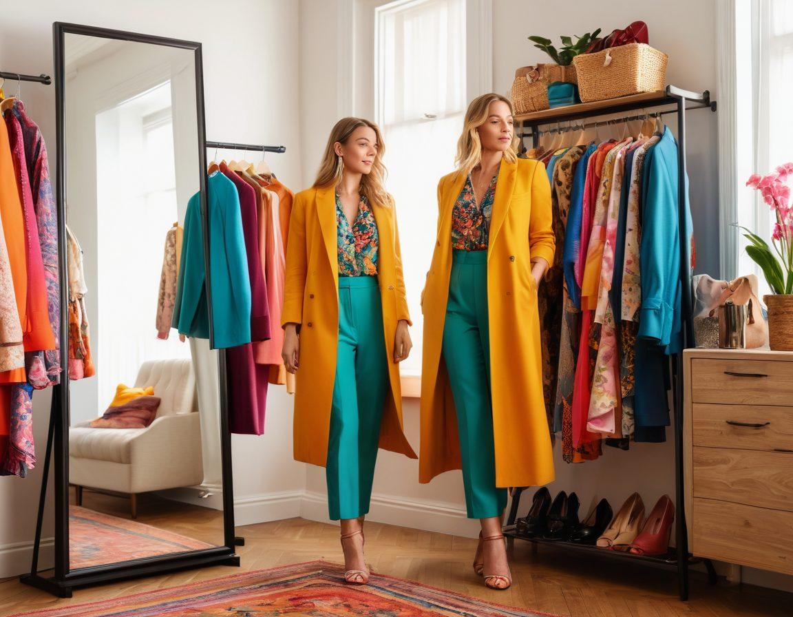 A stylish individual standing in front of a full-length mirror, confidently trying on various vibrant outfits. Behind them, a colorful wardrobe filled with diverse fashion pieces, accessories, and shoes. The scene radiates positivity and self-discovery, showcasing the journey of personal style transformation. Sunlight streaming through a window, illuminating the space. super-realistic. vibrant colors. warm lighting.