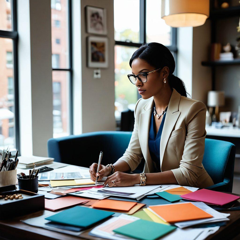 A stylish consultant brainstorming with a diverse group of clients in a chic, modern office filled with fashion accessories, color swatches, and mood boards. The atmosphere is vibrant, showcasing a mix of elegance and creativity, with sunlight streaming through large windows. Clients are engaged, with expressions of excitement and curiosity as they experiment with styles. Include a strong sense of confidence and transformation, hinting at style evolution. super-realistic. vibrant colors. modern interior.